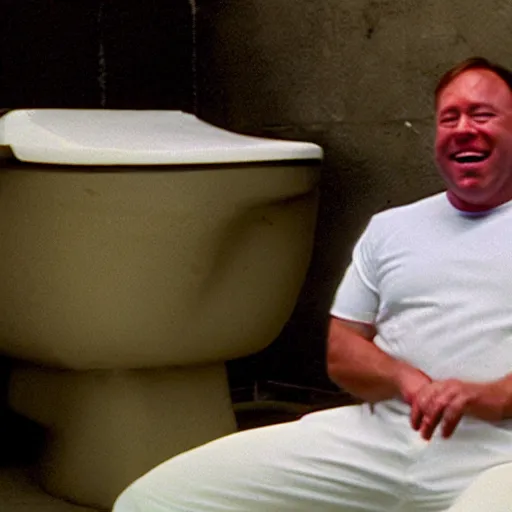 Image similar to CRT surveillence footage of a 50-year-old Alex Jones swimming inside of a filthy giant sized toilet filled with raw sewage, alex jones is gargling the sewage and smiling with an evil grin