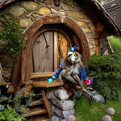 Image similar to a wise old troll inside a medieval hobbit house, ornate, beautiful, atmosphere, vibe, flowers, concept art illustration, color page, 4 k, tone mapping, doll, akihiko yoshida, james jean, andrei riabovitchev, marc simonetti, yoshitaka amano, digital illustration, greg rutowski, volumetric lighting, sunbeams, particles