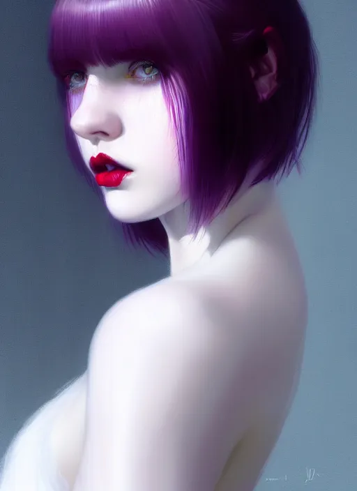 Prompt: portrait of pale teenage girl, red irises, black hair, white bangs, purple lipstick, white bangs, bangs, intricate, elegant, glowing lights, highly detailed, digital painting, artstation, concept art, smooth, sharp focus, illustration, art by wlop, mars ravelo and greg rutkowski