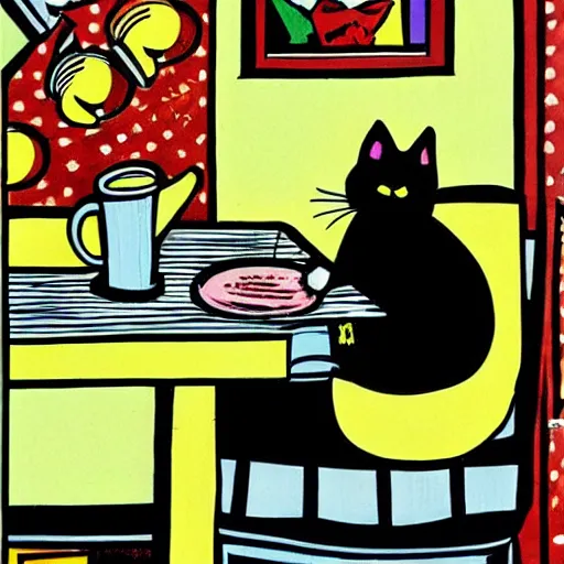 Image similar to a cat sitting at a table next to a cup of coffee, a pop art painting by art spiegelman, flickr, pop art, pop art, woodcut, lowbrow