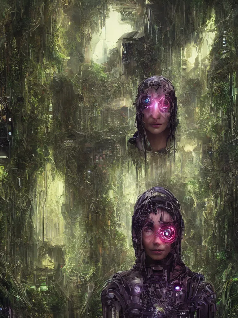 Prompt: portrait of a stranger, lost in a hall of a cyberpunk megacomplex overgrown with strange plants; portrait painting of a cyborg, symmetrical face and eyes; hyperrealistic, 4K wallpaper, highly detailed and beautiful