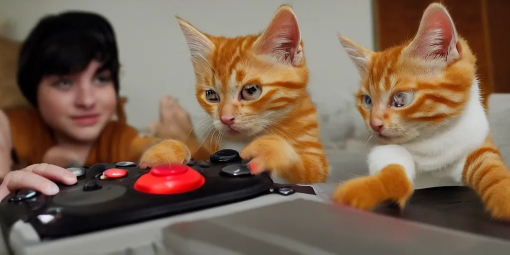 Prompt: an orange tabby kitten playing video games by richard scary