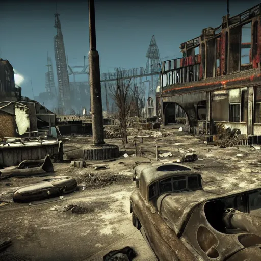 Prompt: copenhagen in ruins post - nuclear war in fallout 4, in game screenshot