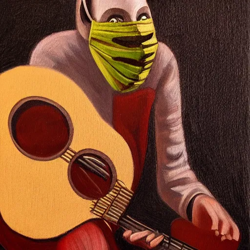 Image similar to a person with a mask playing a guitar, an ultrafine detailed painting by aleksander orłowski, artstation contest winner, sots art, concept art, da vinci, sketchfab