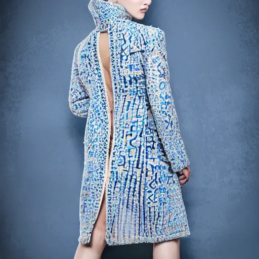 Image similar to fashion 2 0 5 0 fantastic openwork long coat with intricate pattern on a beautiful symmetrical girl with blue hair, hyper realistic photos