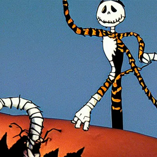 Image similar to a still of calvin and hobbes in nightmare before chrismas