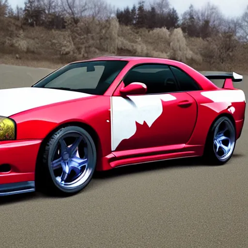 Image similar to skyline r34 Canada flag paintwork, photography, realistic, detailed