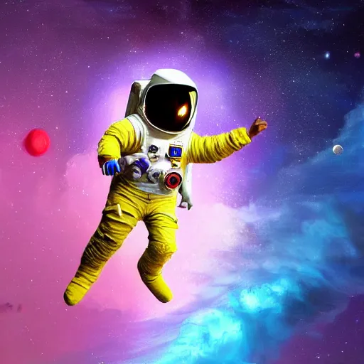 Prompt: painting Kid Cudi wearing an astronaut suit with no helmet and face showing, in space floating jumping over Saturn\'s rings, beautiful vibrant colors, purple and yellow hues, glowing stars, epic lighting, digital art, trending on artstation, cgsociety