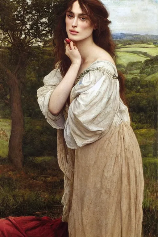 Prompt: a pre raphaelite painting of keira knightley lazily looking at her iphone by dante gabriel rossett