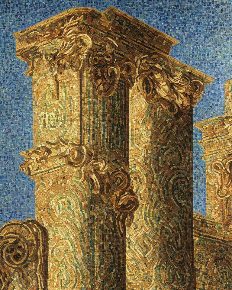 Image similar to achingly beautiful painting of intricate ancient roman corinthian capital on glowing mosaic background by rene magritte, monet, and turner. giovanni battista piranesi.