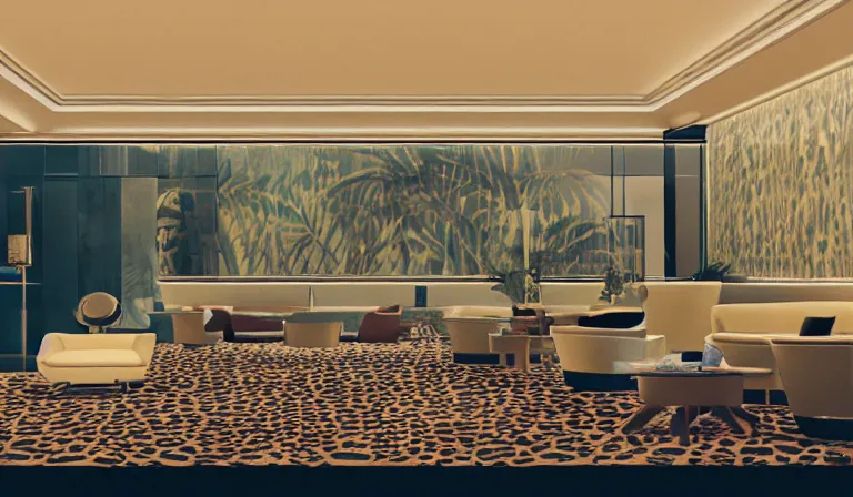 Image similar to a beautiful, sharp focus, clean lines. the interior of a vast 1 9 7 0 s luxury hotel lobby. leopard print. vaporwave ombre rendering. outrun style. trending on artstation. recommended for you behance. wes anderson colors. by chris moore. by edward hopper. ambient occlusion. digital matte painting. metropolis filmic. gotham city.