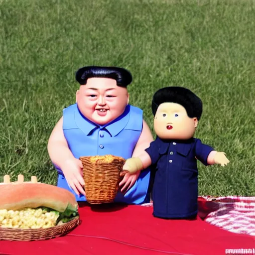 Image similar to screaming kim jong un doll having a picnic with jimin doll