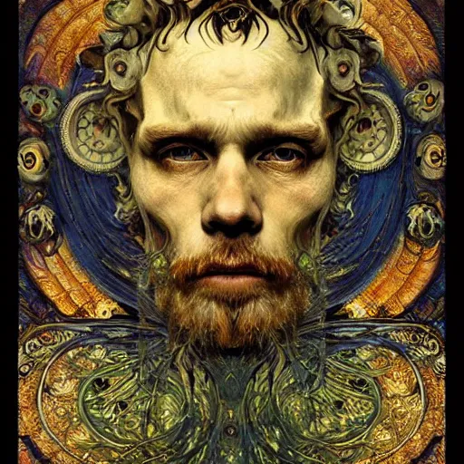 Image similar to Memento Mori by Karol Bak, Jean Deville, Gustav Klimt, and Vincent Van Gogh, beautiful visionary mystical portrait, otherworldly, fractal structures, ornate gilded medieval icon, third eye, spirals, botanical calavera by William Morris