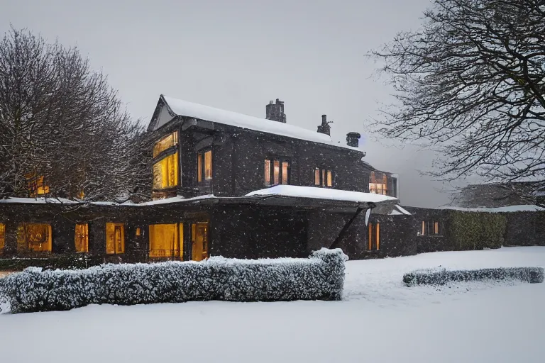 Image similar to cyberpunk, winter in the snow, an estate agent listing photo, external view of a 5 bedroom detached countryside house in the UK, by Paul Lehr