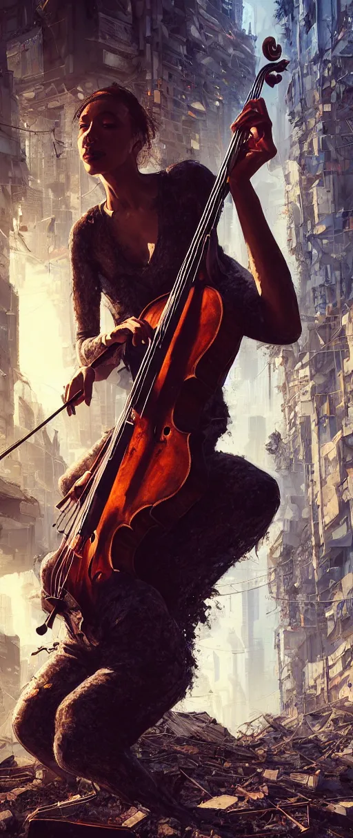 Prompt: a highly detailed portrait of a singular cellist playing in the rubble of a fallen building in a cyberpunk city, beautifully lit, concept art, sharp focus, digital illustration by steve argyle and pascal blanche, artstation HD, artgerm, octane render