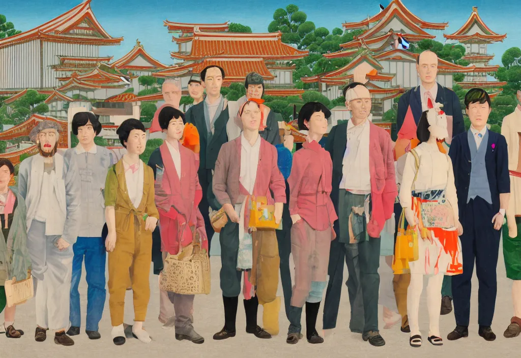 Image similar to full body portrait of a group, a row of a several european tourists standing with a variety of poses and props, several character designs, rural japan, a detailed painting, in the style of wes anderson, lola dupre, david hockney, isolated on negative white space background dark monochrome neon spraypaint accents volumetric octane render