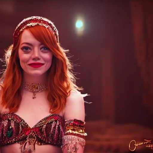 Image similar to a beautiful portrait of emma stone as a belly dancer, arabian night, high quality, fully detailed, 4 k