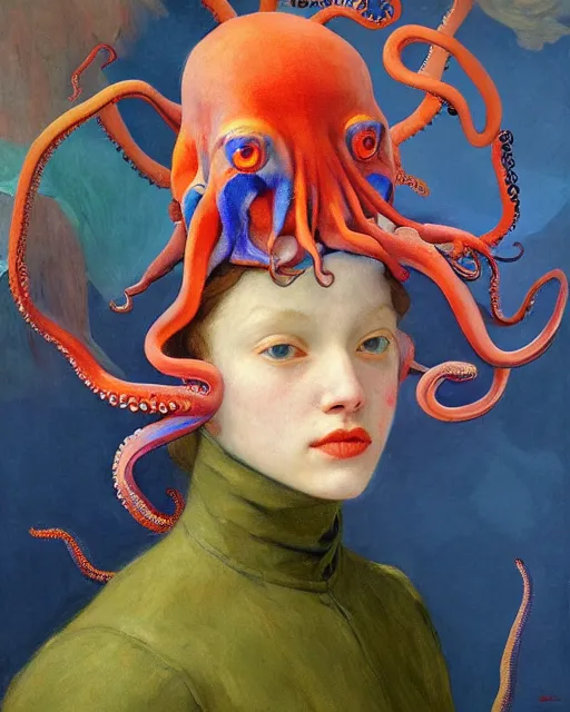 Image similar to a beautiful girl wearing a colourful octopus as a hat, painted by edgar maxence, edward hopper, wayne barlowe and james gilleard, airbrush, art by jamesjean