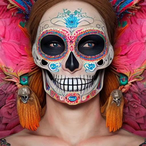Prompt: lady, self - portrait, symmetry, intricate, dia de los muertos, skull mask, aztec ultra detailed feathered dress 4 k resolution, octane rendering, ultra realistic, photo realism, beeple