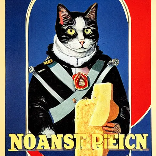 Prompt: A propaganda poster depicting a cat dressed as French emperor Napoleon holding a piece of cheese