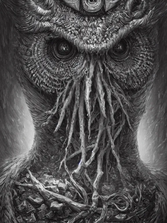Prompt: a beautiful hyper realistic detailed matte portrait of the old owl, a strange being haunting this land from a forgotten time, lovecraftian style, dramatic lighting, dynamic lighting, cinematic lighting, by maurits cornelis escher, black and white, featured on artstation