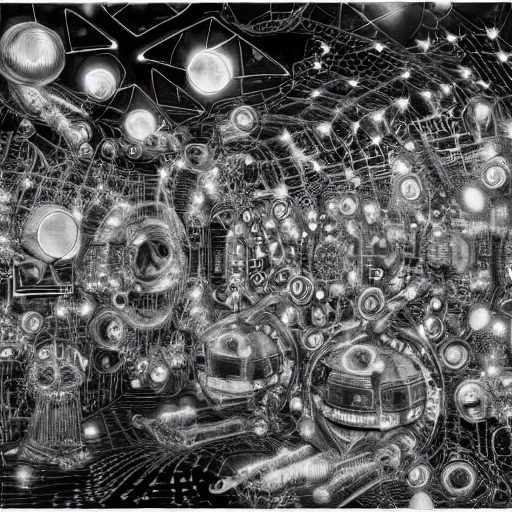 Image similar to a black and white drawing of a chrome space station filled with equipment, a microscopic photo by ernst haeckel, zbrush central, kinetic pointillism, bioluminescence, intricate patterns, photoillustration