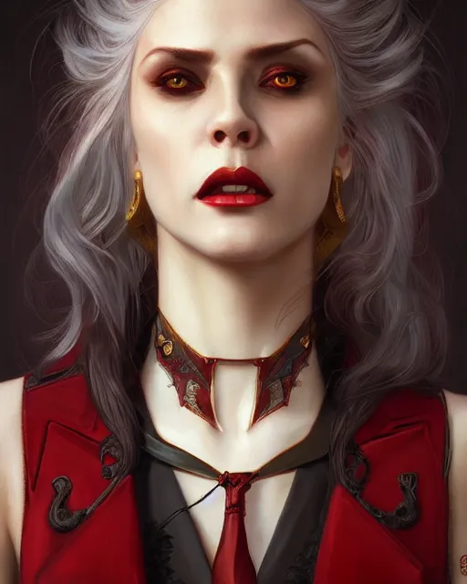 Image similar to female vampire, perfect face, gold waistcoat, red shirt, long grey hair, red necktie, cinematic, stunning, highly detailed, digital painting, artstation, smooth, hard focus, illustration, art by artgerm and greg rutkowski and alphonse mucha