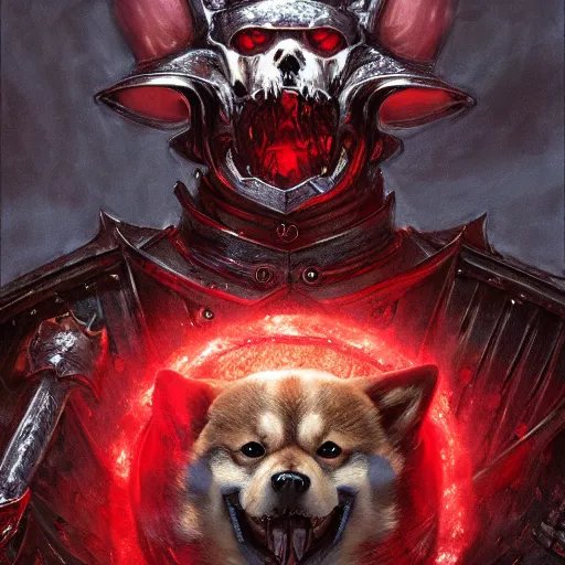 Image similar to angry anthropomorphic shiba inu, wearing berserk anime skull knight armor and sword, blood aura red light, fantasy, dark, portrait art by donato giancola and greg rutkowski, realistic face, digital art, trending on artstation, symmetry