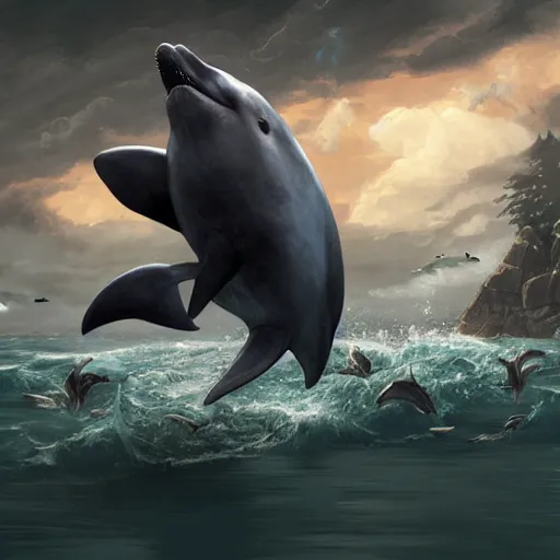 Image similar to Harry potter fighting a dolphin digital art in the style of Greg Rutkowski and Craig Mullins, 4k