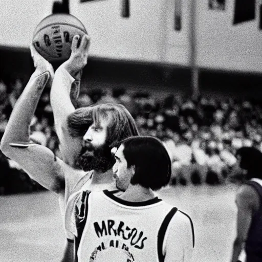 Prompt: 7 0 s television image of an nba basketball board cast, depicting charles manson shooting free throws, by errol morris