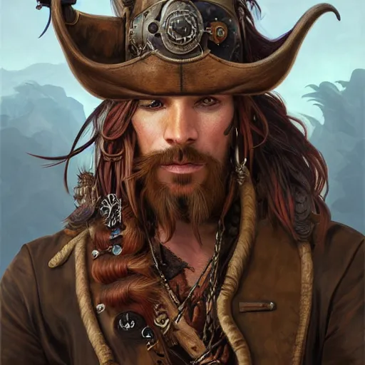 Image similar to portrait of a boar pirate with tusks, male, handsome, masculine, full body, red hair, long hair, soft hair, fantasy, intricate, elegant, highly detailed, steampunk, airship, digital painting, artstation, concept art, character art, smooth, sharp focus, illustration, art by artgerm and greg rutkowski and alphonse mucha