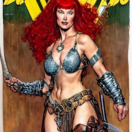 Prompt: Red Sonja comic book cover by Norman Rockwell