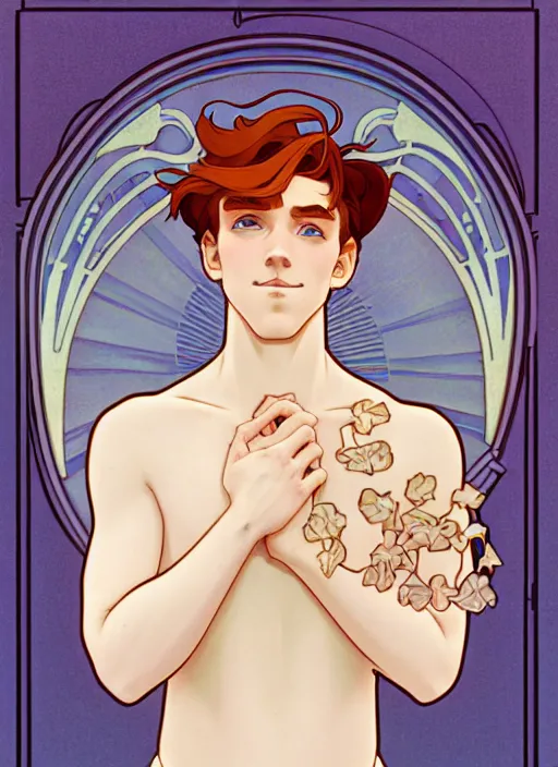 Image similar to well - lit art nouveau portrait of a young man with auburn hair, pale skin, freckles, light blue eyes, casual clothes, natural lighting, path traced, highly detailed, high quality, cartoon, digital painting, by don bluth and ross tran and studio ghibli and alphonse mucha