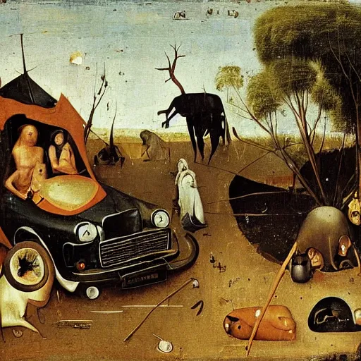 Image similar to alchemist camp in the outback with crashed car, hieronymus bosch