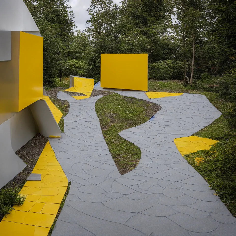 Image similar to a tiny flat house, designed by Frank Gehry. Tiles. Gravel pathway with parking. Film grain, cinematic, yellow hue