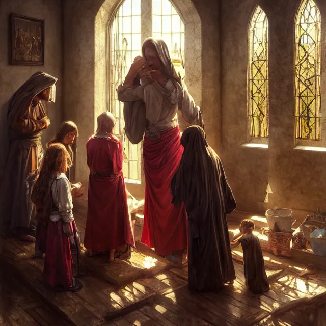 Image similar to poor hungry family praying to a cross, emotional sad painting, very poor, cross, christianity, medieval peasants, fantasy, cruel, dramatic lighting, intricate, wild, highly detailed, digital painting, artstation, concept art, smooth, sharp focus, illustration, art by artgerm and greg rutkowski and alphonse mucha