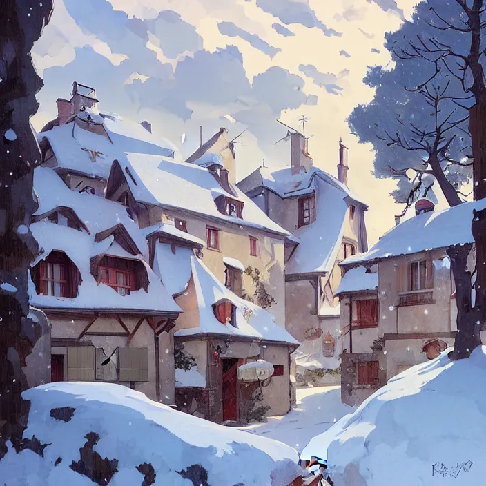 Image similar to french rural town, winter, in the style of studio ghibli, j. c. leyendecker, greg rutkowski, artem