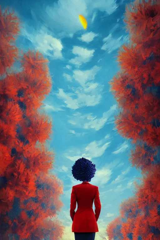 Image similar to closeup giant dahlia flower head, girl in a suit on a street, surreal photography, blue sky, sunrise, dramatic light, impressionist painting, digital painting, artstation, simon stalenhag