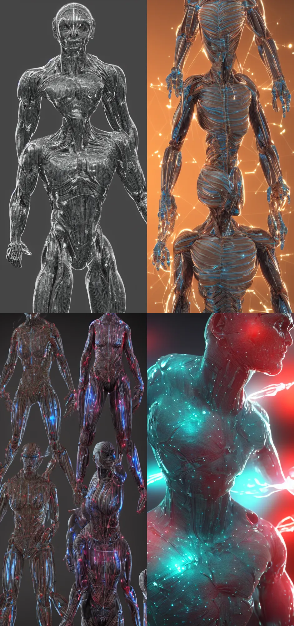 Prompt: muscular alien cyborgs covered in fiber optics, 8k, high detail, high res, red shift render