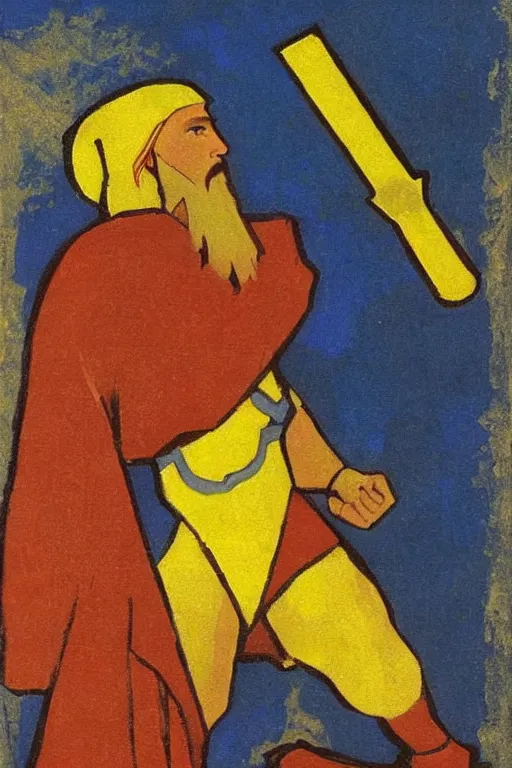 Image similar to thor with hammer, marvel, artwork by nicholas roerich,