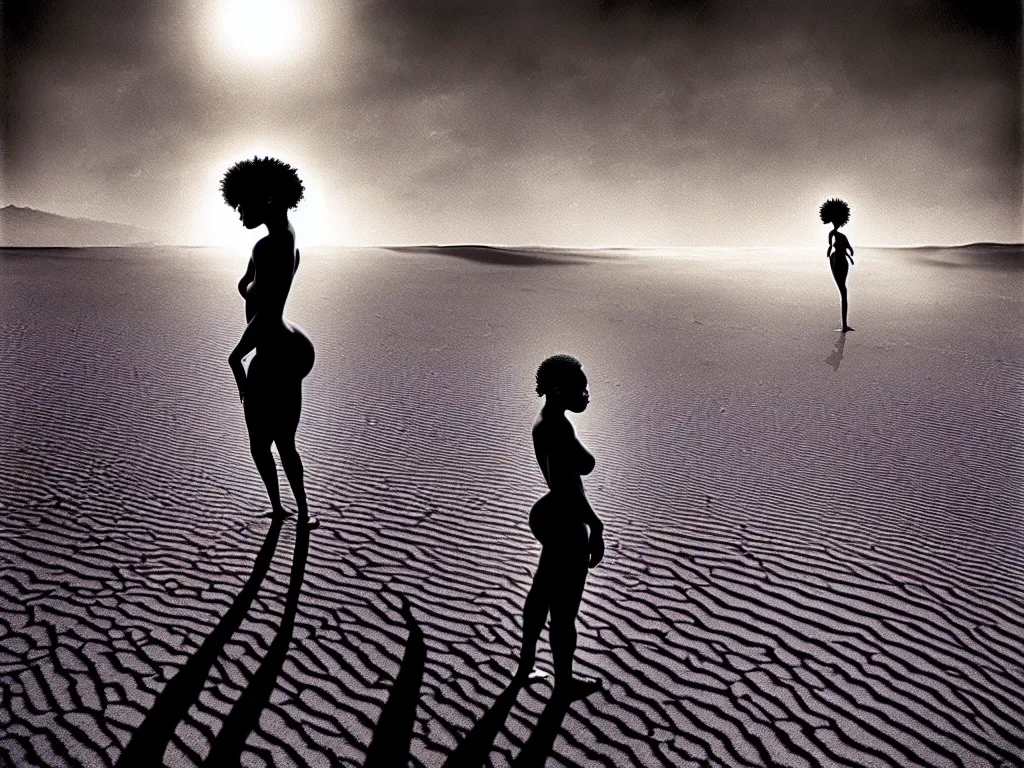 Prompt: a black woman experiencing timelessness on a desert beach, early morning, golden hour, altered state, beautiful, moody, cinematic lighting highly detailed, inspired by detailed graphic novel cover art, photo by sebastiao salgado