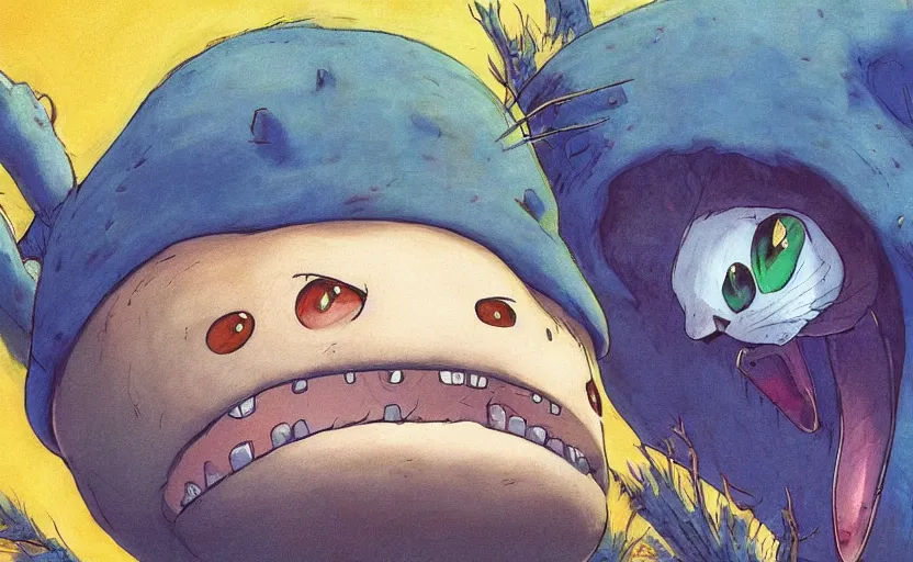 Image similar to the critter awoke from its slumber beneath the bed frame, digital painting masterpiece, haunting beautiful brush strokes, painted by Moebius and Hayao Miyazaki and Akira Toriyama