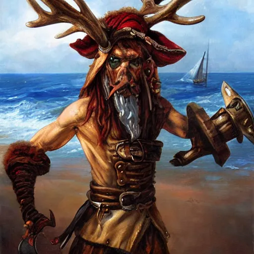 Image similar to anthropomorphic moose pirate humanoid by johan grenier, pirate ship, sea, fantasy