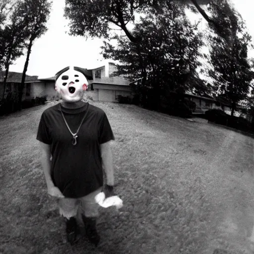 Image similar to the most horrifing photo of michel myers, fish eye