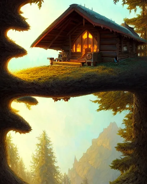 Image similar to symmetry!! a small cabin with a giant above it look hungry, dnd, intricate, elegant, highly detailed, digital painting, artstation, concept art, smooth, sharp focus, illustration, art by artgerm and greg rutkowski and alphonse mucha