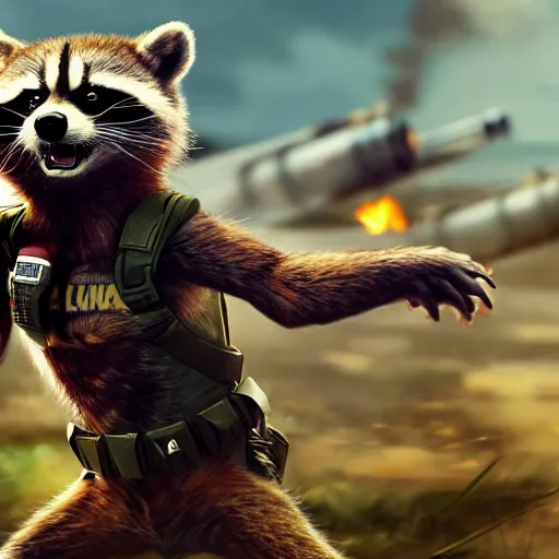 Image similar to rocket raccoon fighting in the vietnam war, 4 k, high resolution, still, landscape, hd, dslr, hyper realistic