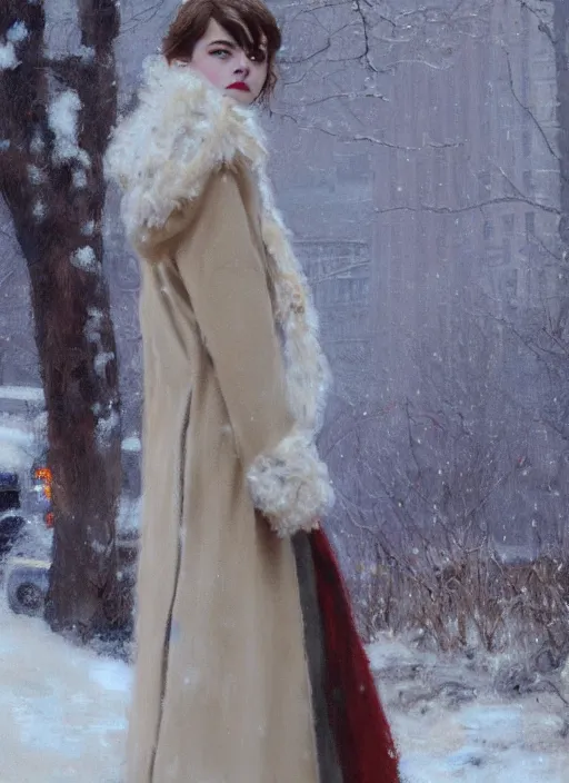 Prompt: back of emma stone in beige coat, talking to timothee chalamet in new york winter, snow, artwork by gaston bussiere, craig mullins, trending on artstation