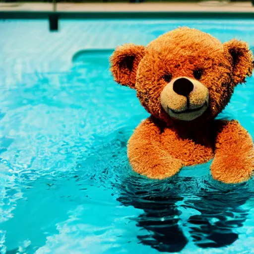 Prompt: photo of teddy bear in swimming pool cinestill, 800t, 35mm, full-HD