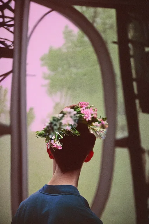 Image similar to kodak portra 4 0 0 photograph of a skinny guy looking into a otherworldly portal, flower crown, back view, vaporwave colors, grain, moody lighting, moody aesthetic,