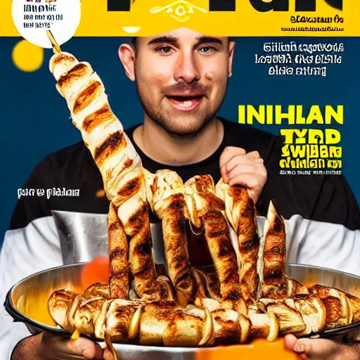 Image similar to man eating an infinite kebab, magazine cover, hd photography